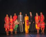 Culture Secretary Ravindra Singh and Joint Secretary V Srinivas on stage, flanking Kalakshetra director Priyadarshini Govind, after a Bharatanatyam show by the Chennai-based institution's repertory company's five dancers on Sep 23 Tuesday 