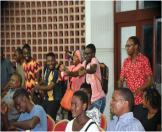 Students at the University of Dar es salaam celebrating the music dance performed by the Alobo Naga and the Band